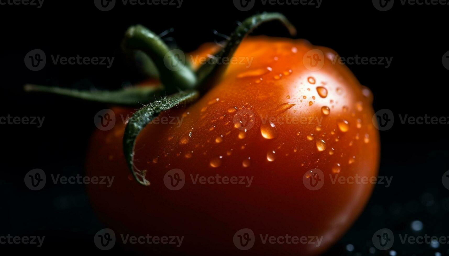 Ripe tomato glistens with dew, a fresh and healthy snack generated by AI photo