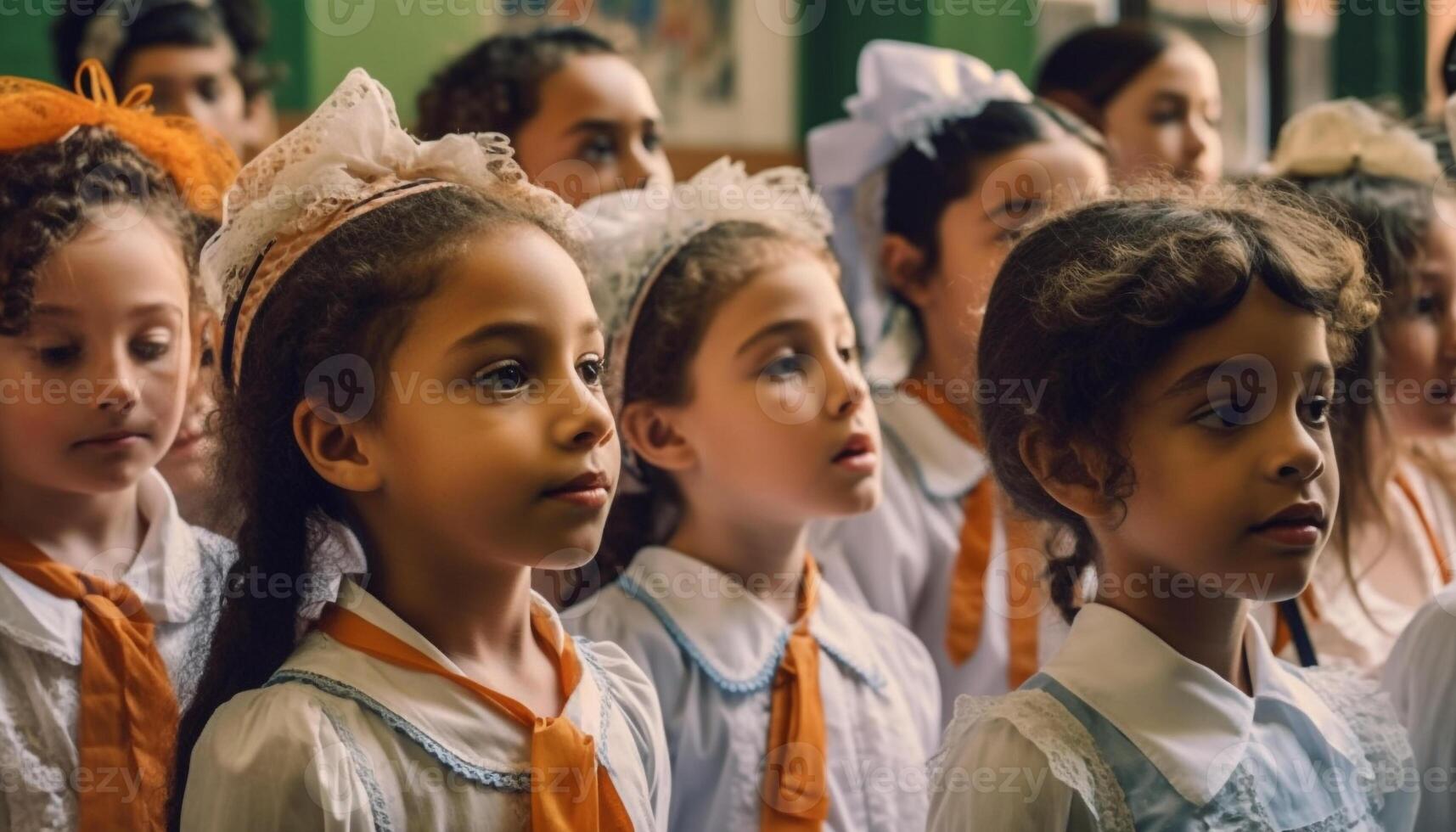 A multi ethnic group of cheerful school children studying together generated by AI photo