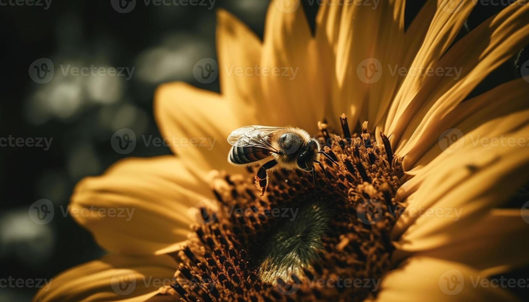 A busy honey bee pollinates a single yellow sunflower generated by AI photo