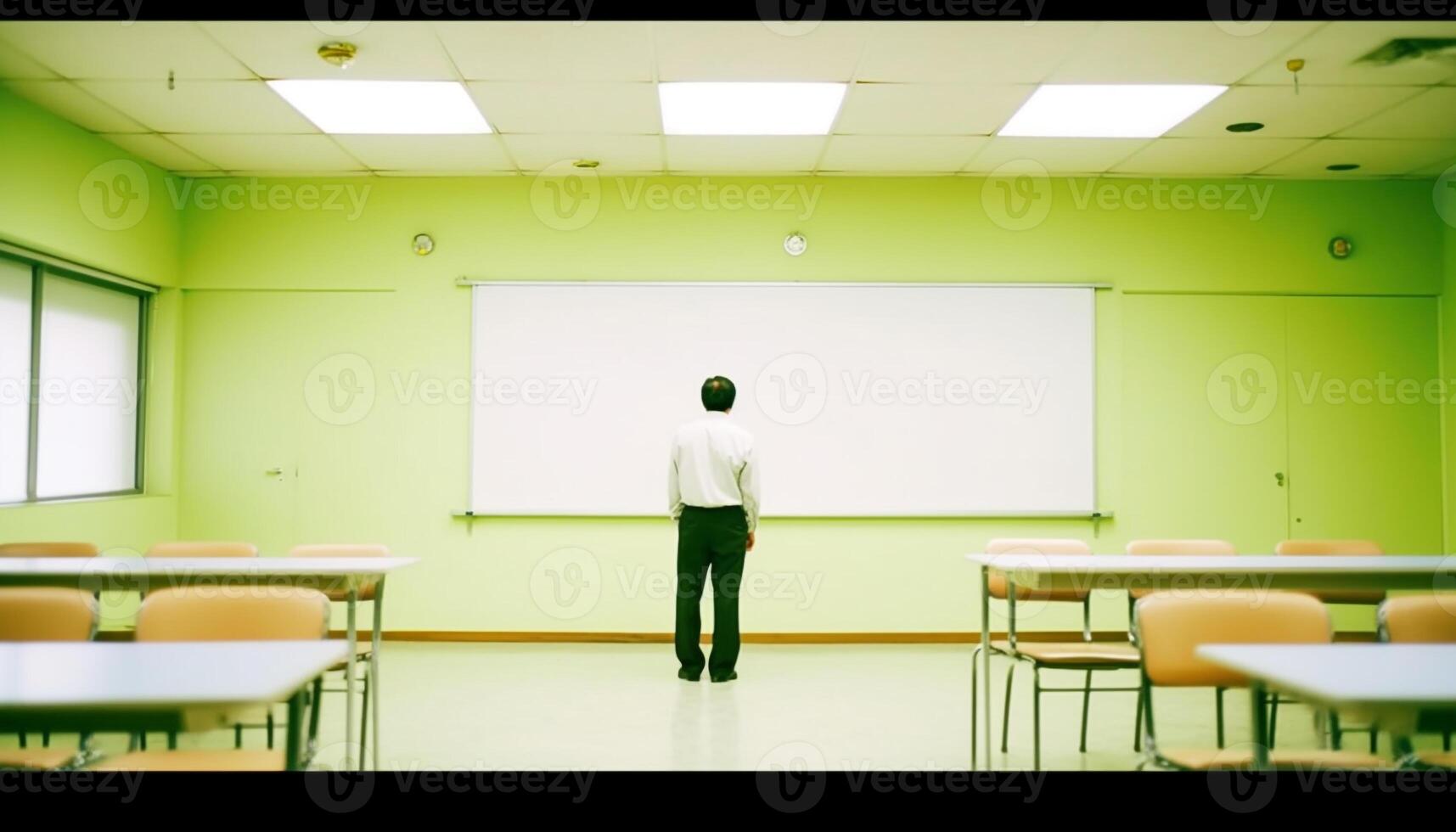 The professor stood at the blackboard, teaching in the classroom generated by AI photo