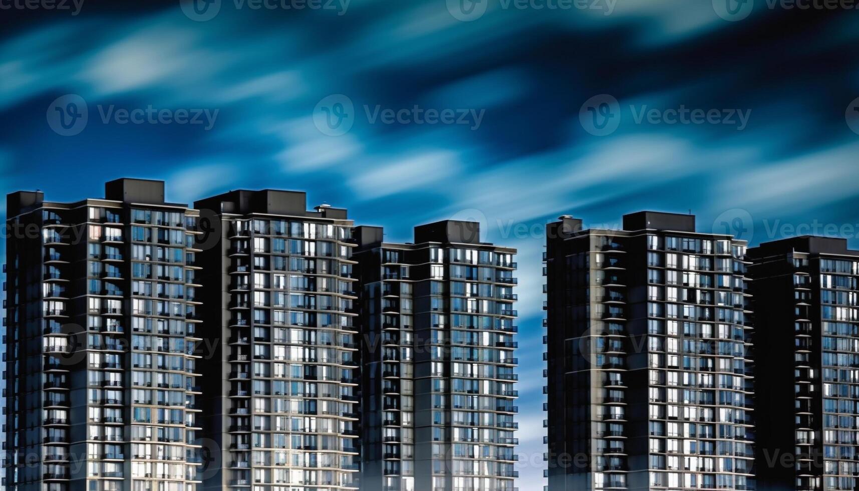 Futuristic skyscraper silhouette in a row, reflecting city life outdoors generated by AI photo