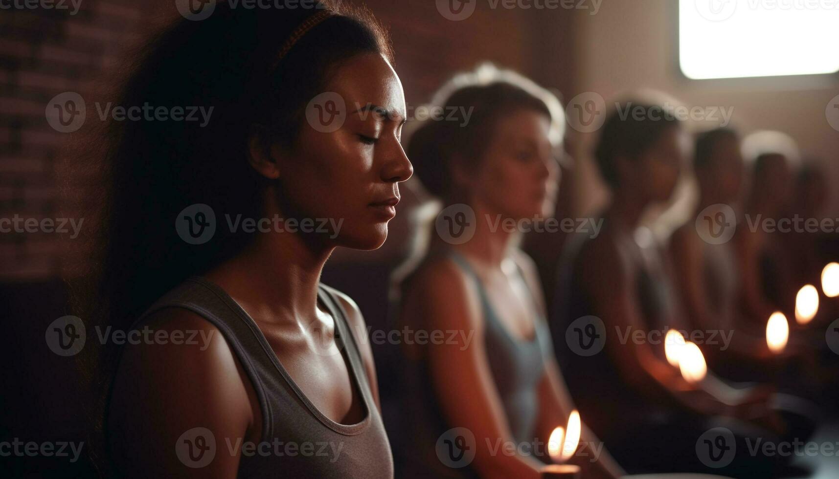 Young adults meditating, practicing spirituality and relaxation with selective focus generated by AI photo