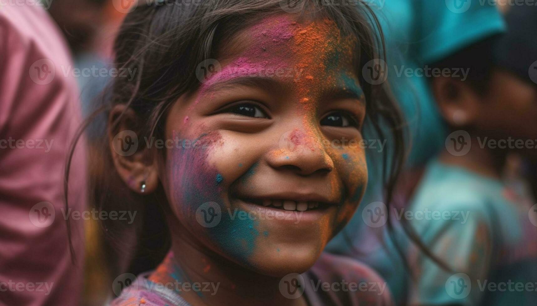 alegre niños celebrar tradicional festival con vistoso cara pintar al aire libre generado por ai foto