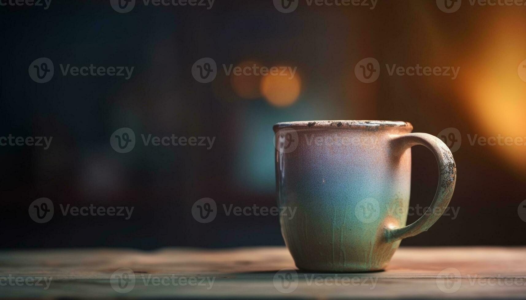 A rustic coffee mug on a wooden table steams comfortingly generated by AI photo