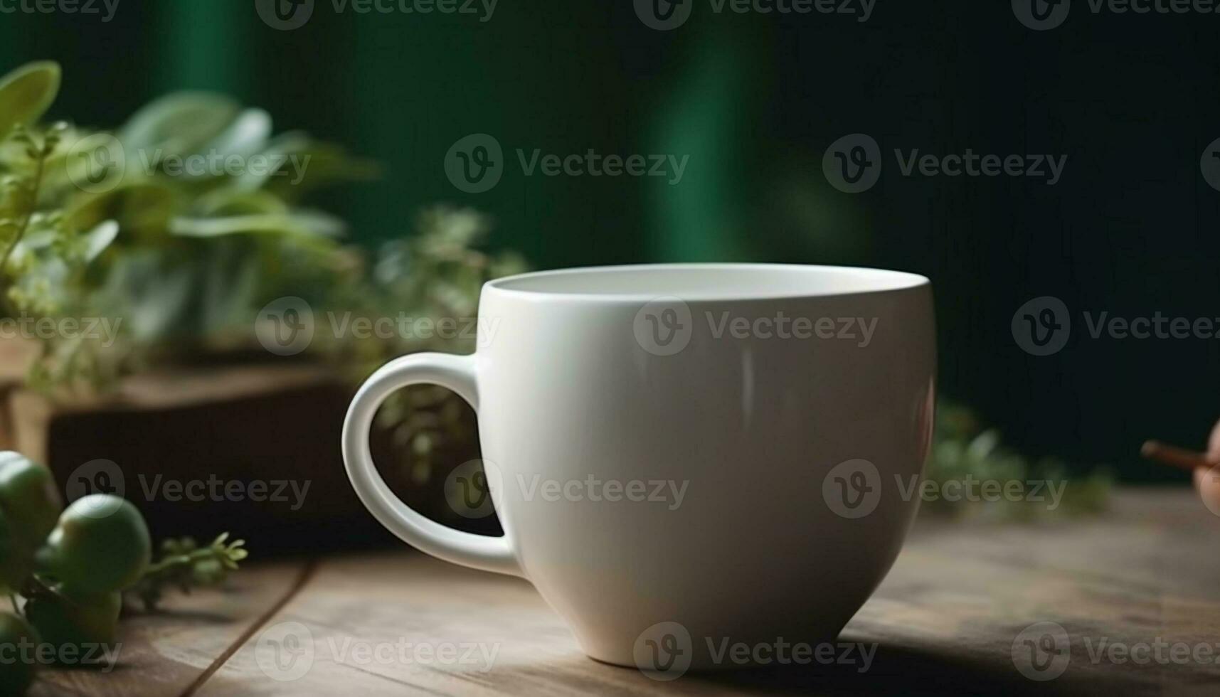 A rustic coffee cup on a wooden table, surrounded by nature generated by AI photo