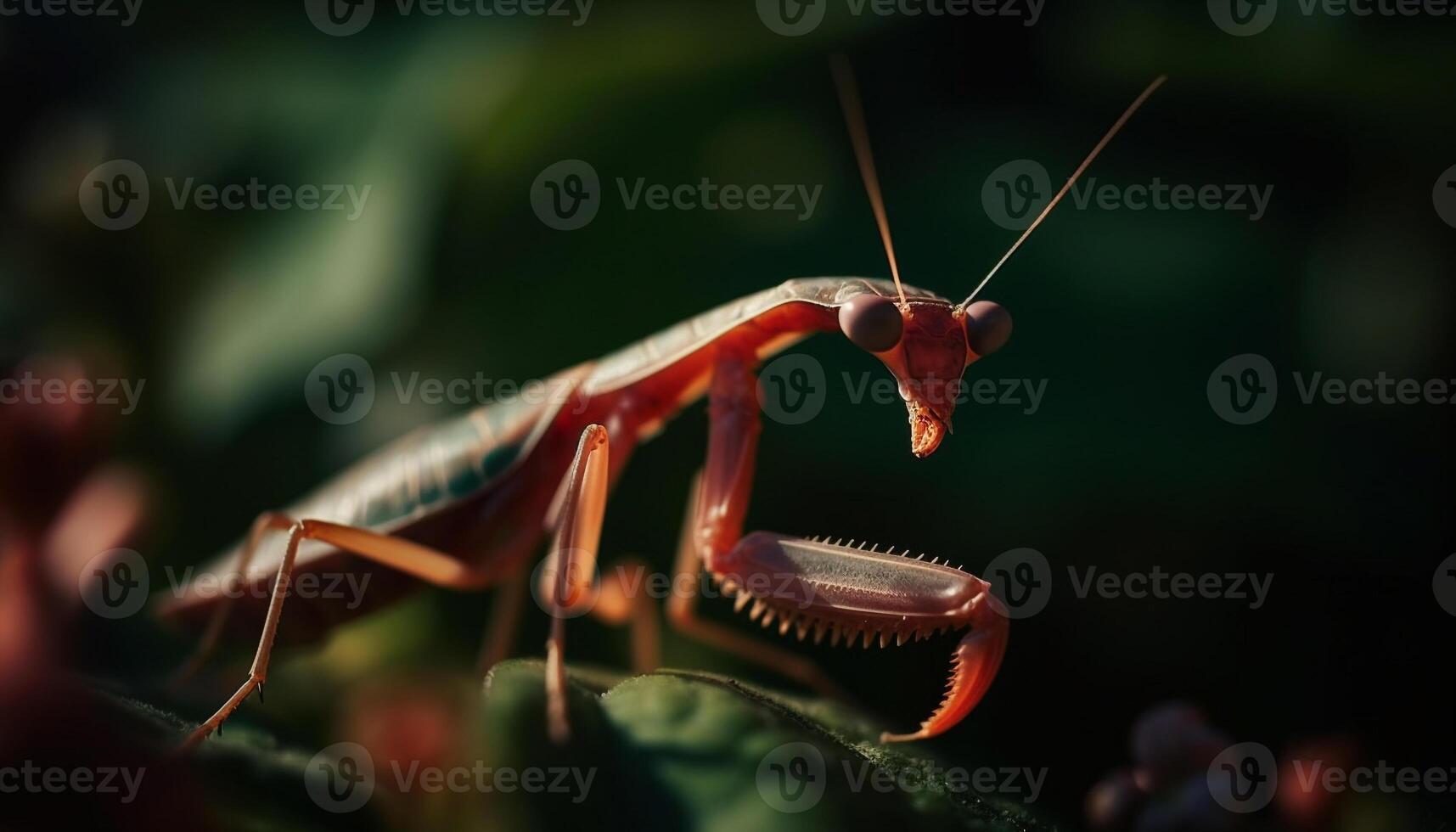 Praying mantis claws onto leaf, sharp focus on foreground generated by AI photo