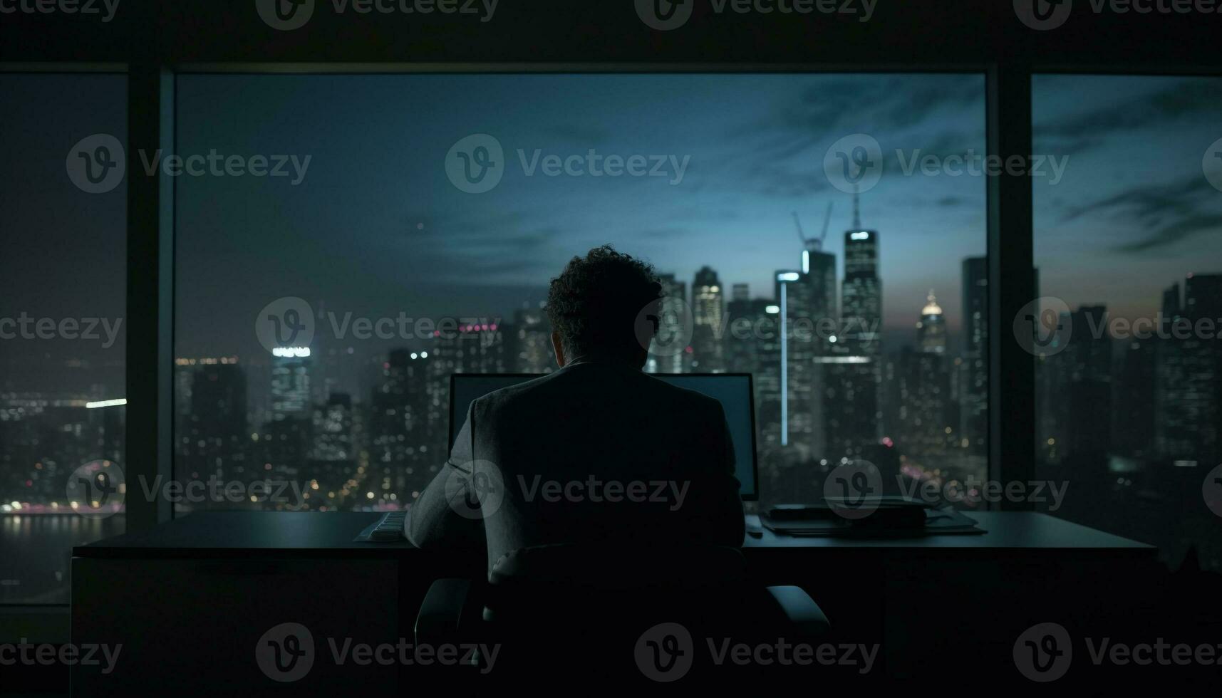 One businessman sitting at desk, looking through illuminated skyscraper window generated by AI photo