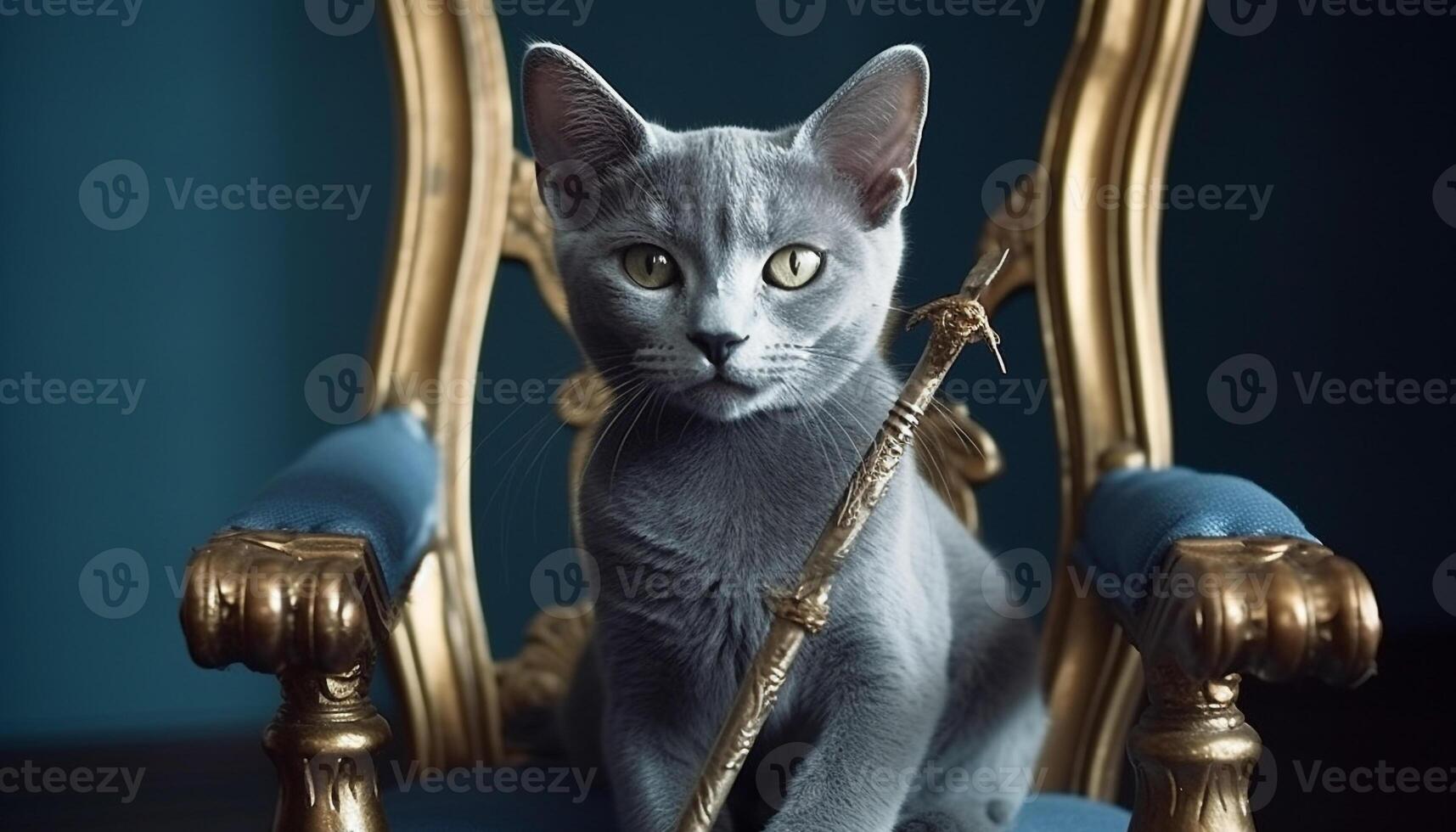 Charming shorthair cat with blue eyes sitting on metal chair generated by AI photo