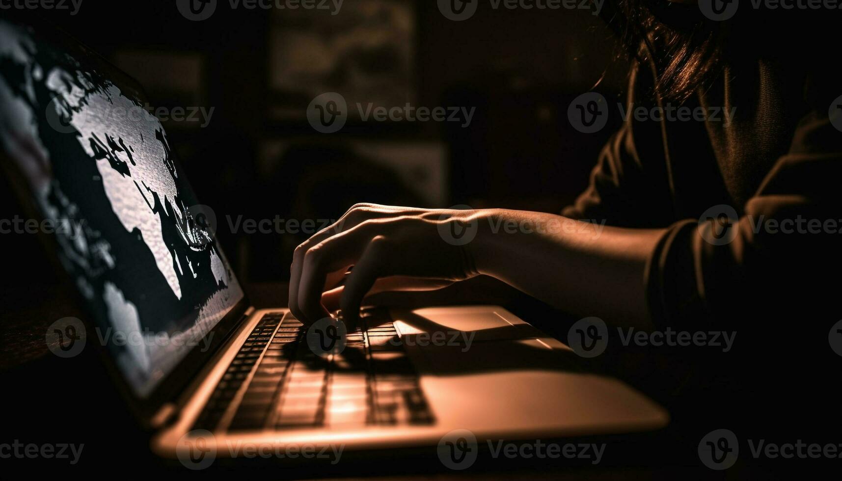 One person working late at night, typing on laptop generative AI photo