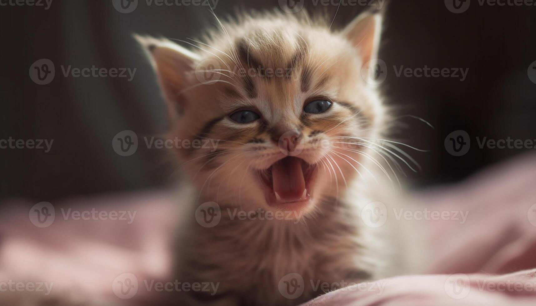 A playful, fluffy kitten with charming striped fur yawns lazily generated by AI photo