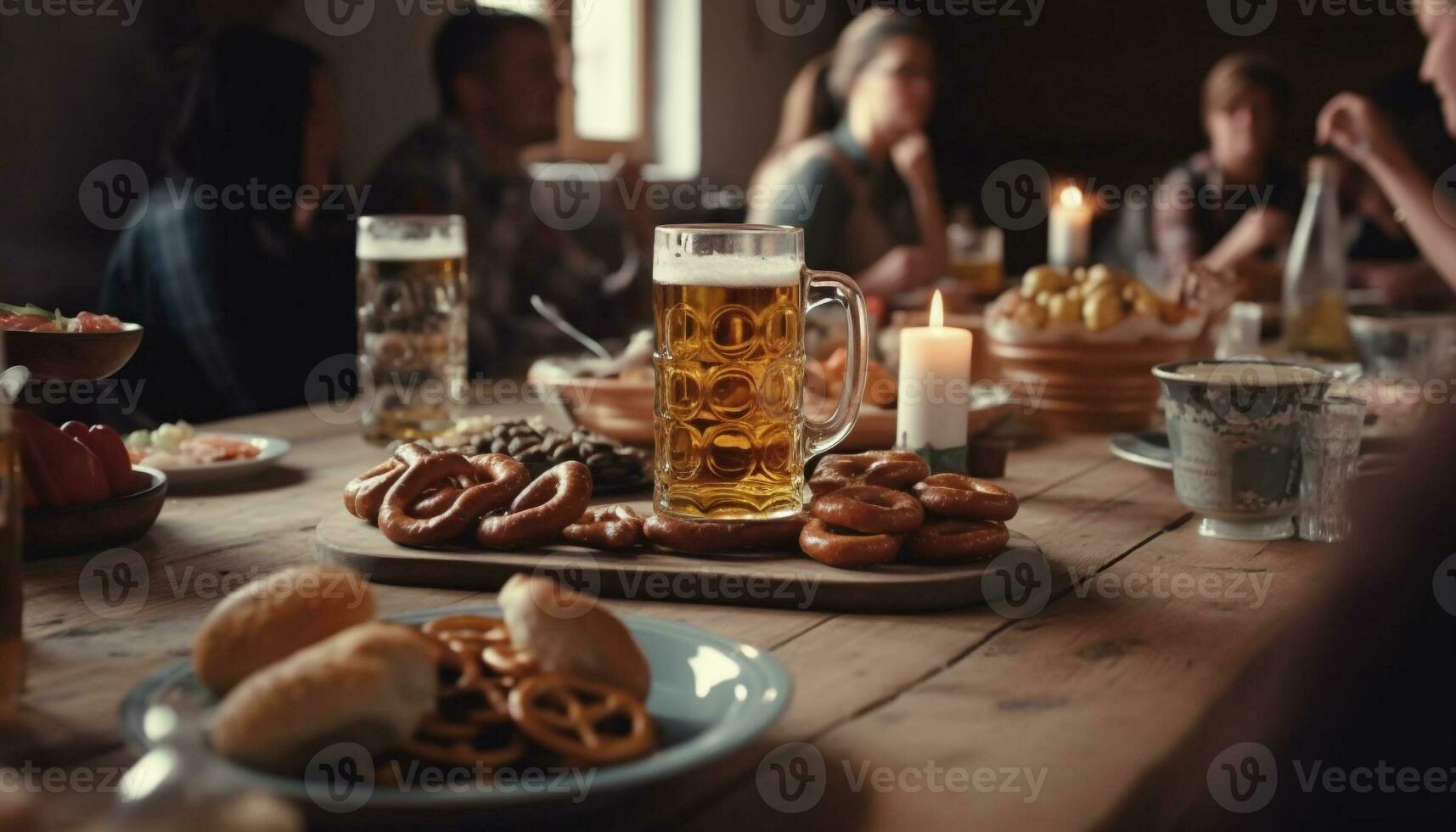 Friends enjoy pub food and beer at rustic table indoors generative AI photo