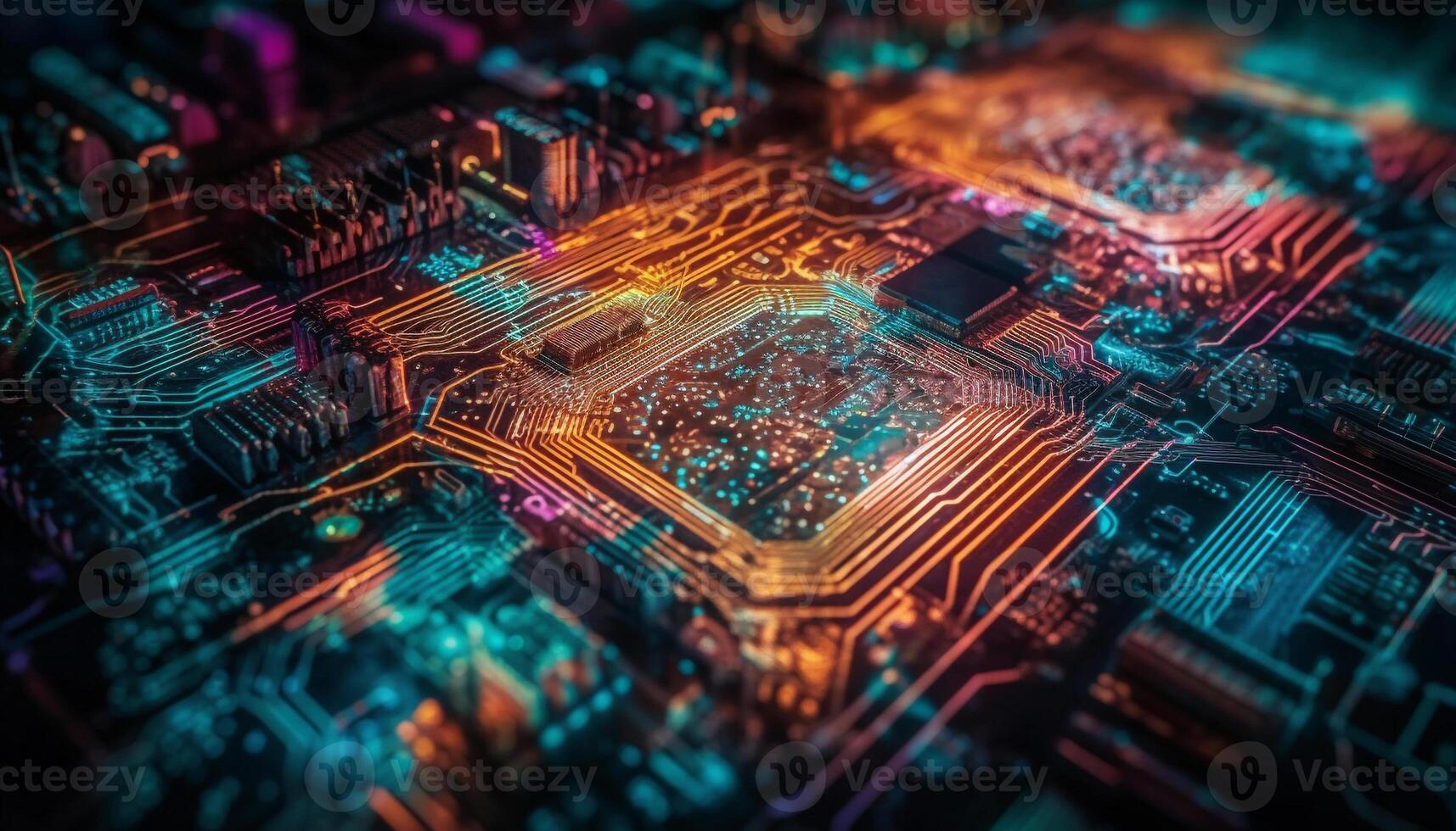 Complex circuit board glows with electricity, powering modern technology generative AI photo