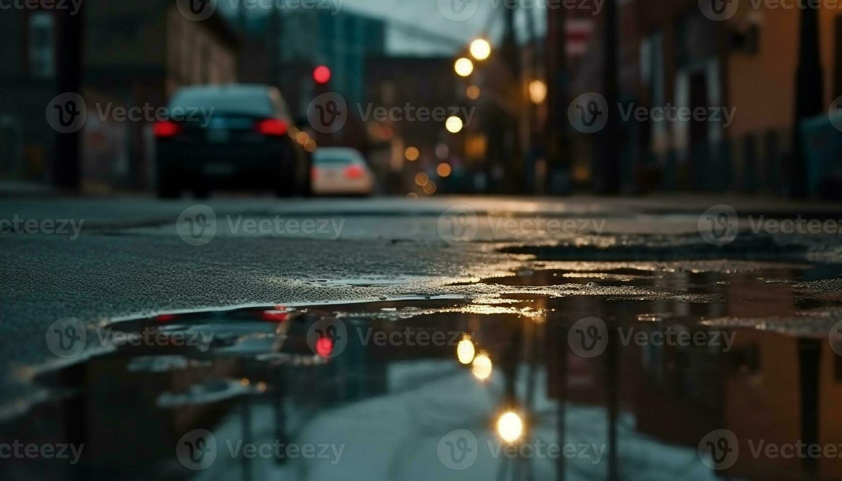 Raindrops blur city lights, reflecting urban skyline in wet pavement generated by AI photo