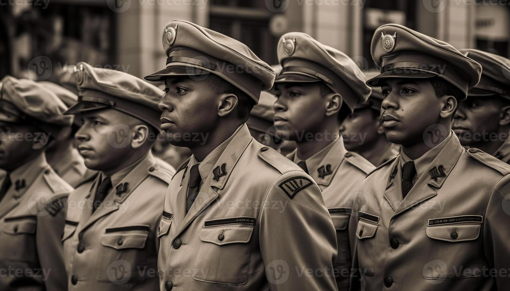 un fila de uniforme hombres marzo en honor Guardia desfile generativo ai foto