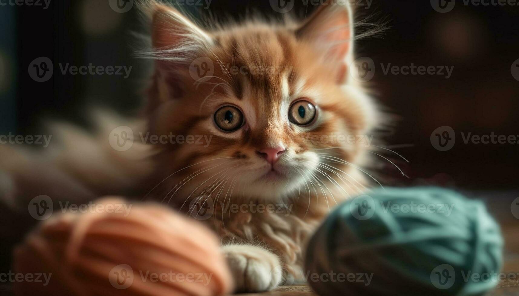 Fluffy kitten playing with toy, looking at camera indoors generated by AI photo