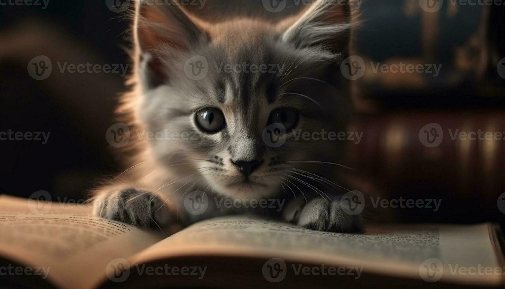 encantador a rayas gatito curioso, juguetón y curioso, adentro con libro generativo ai foto