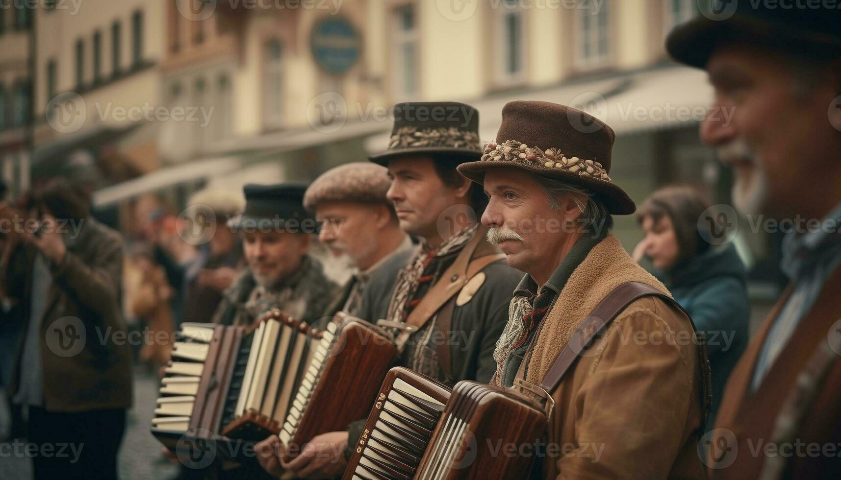 A group of musicians playing traditional instruments at a festival generative AI photo