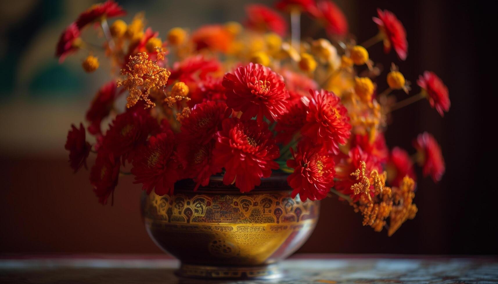 Rustic pottery vase holds multi colored bouquet of fresh autumn flowers generated by AI photo