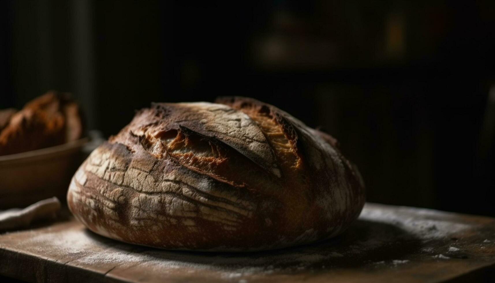 Freshly baked rustic bread on wooden table, perfect for healthy eating generated by AI photo