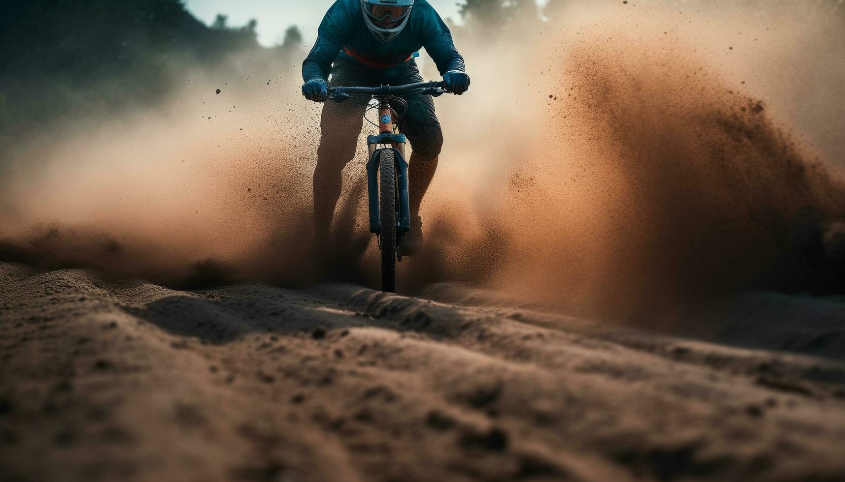 Muscular biker conquers mountain trails in extreme cycling adventure generative AI photo