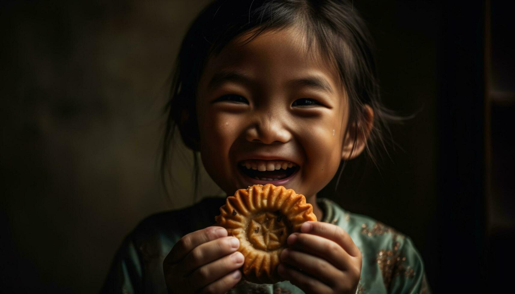 One cute girl holding a cookie, looking at camera joyfully generated by AI photo