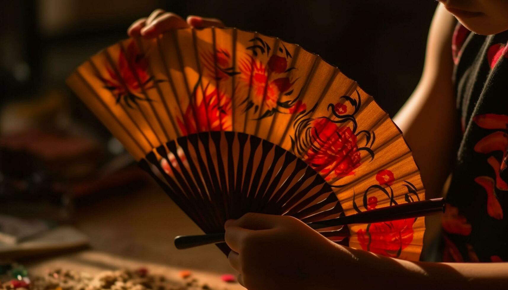 A skilled musician holds a folding fan, playing traditional music generative AI photo