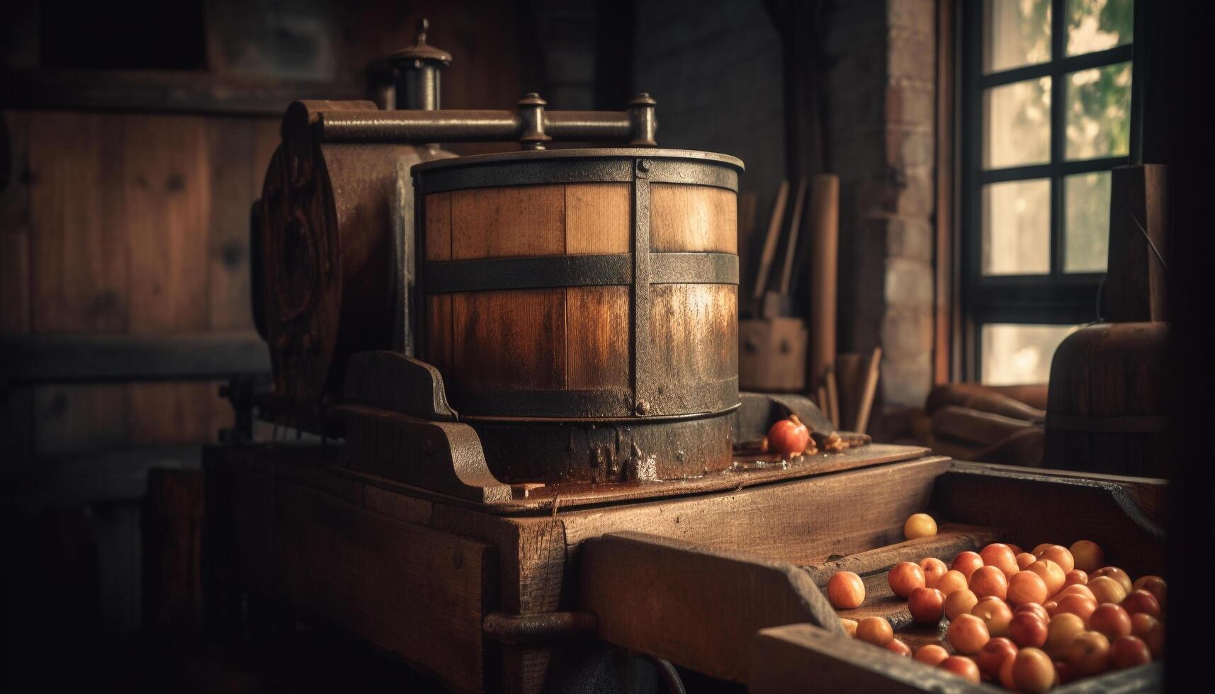 Organic winery crafts dark wine in antique barrel inside cellar generated by AI photo