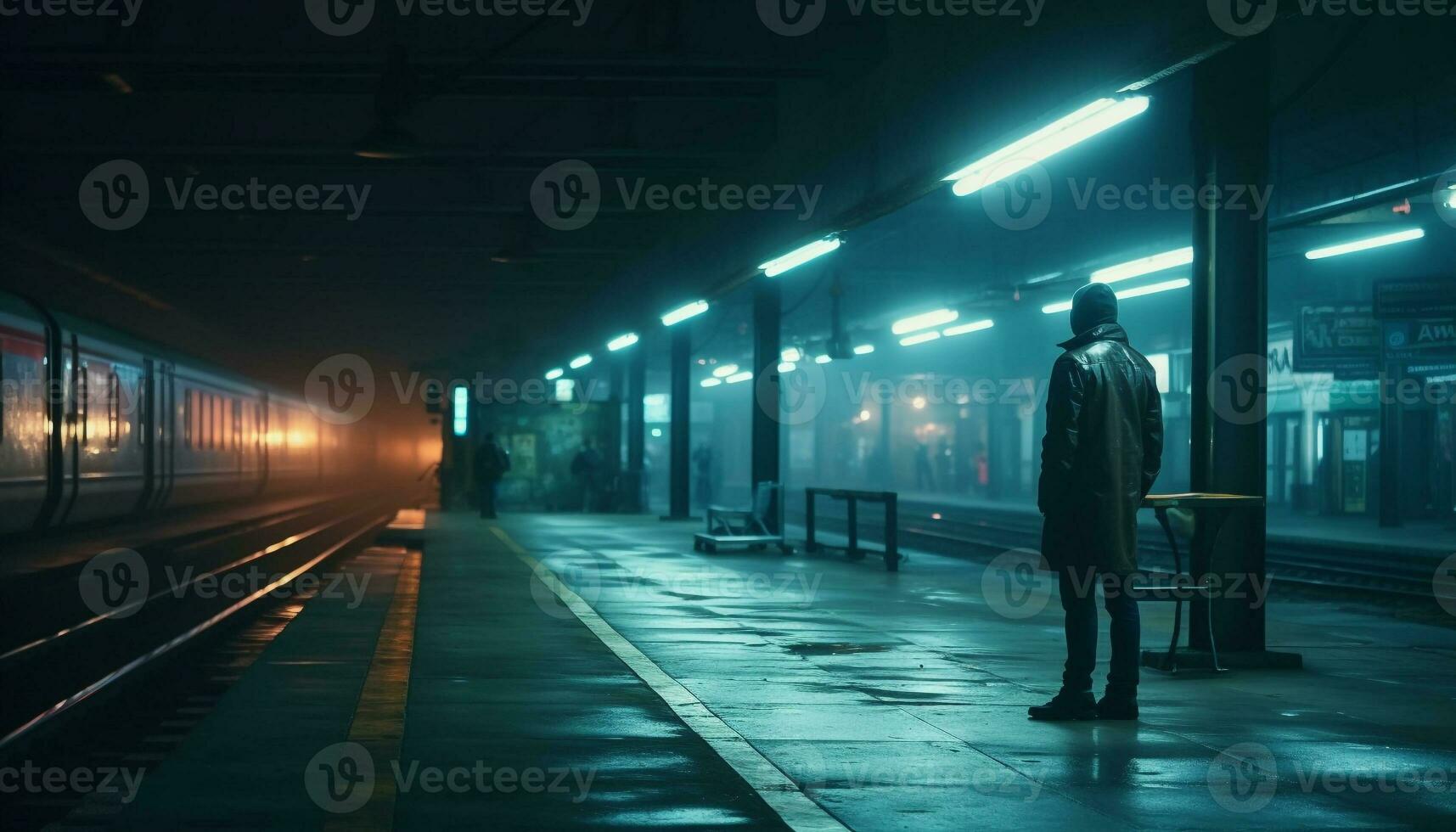 One person waiting on subway platform, blurred motion, city life generated by AI photo