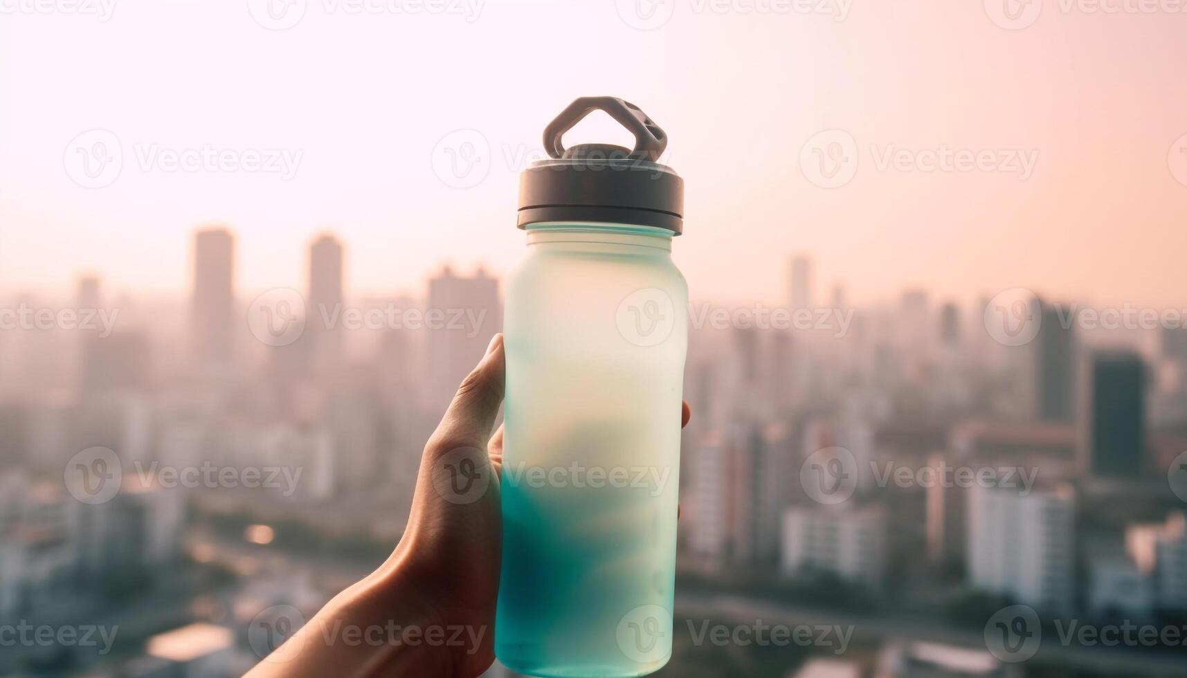 One person holding water bottle, jogging through urban skyline at dusk generated by AI 24893424