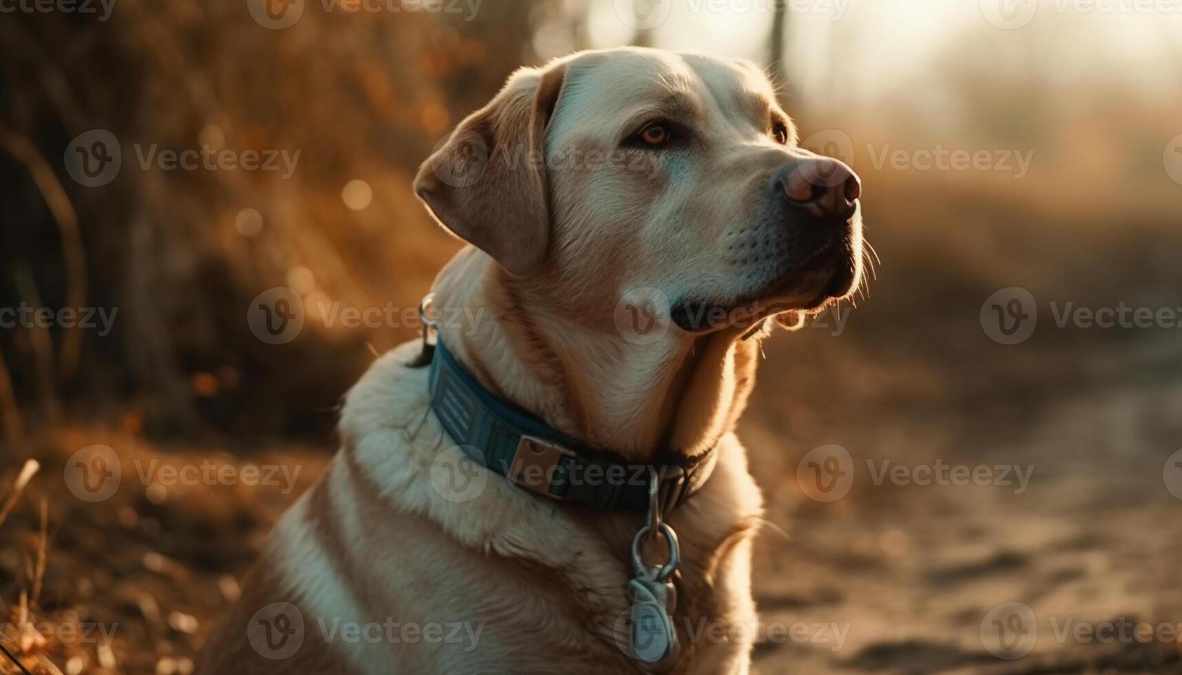 A cute mixed breed dog with pet collar sitting in nature generated by AI photo