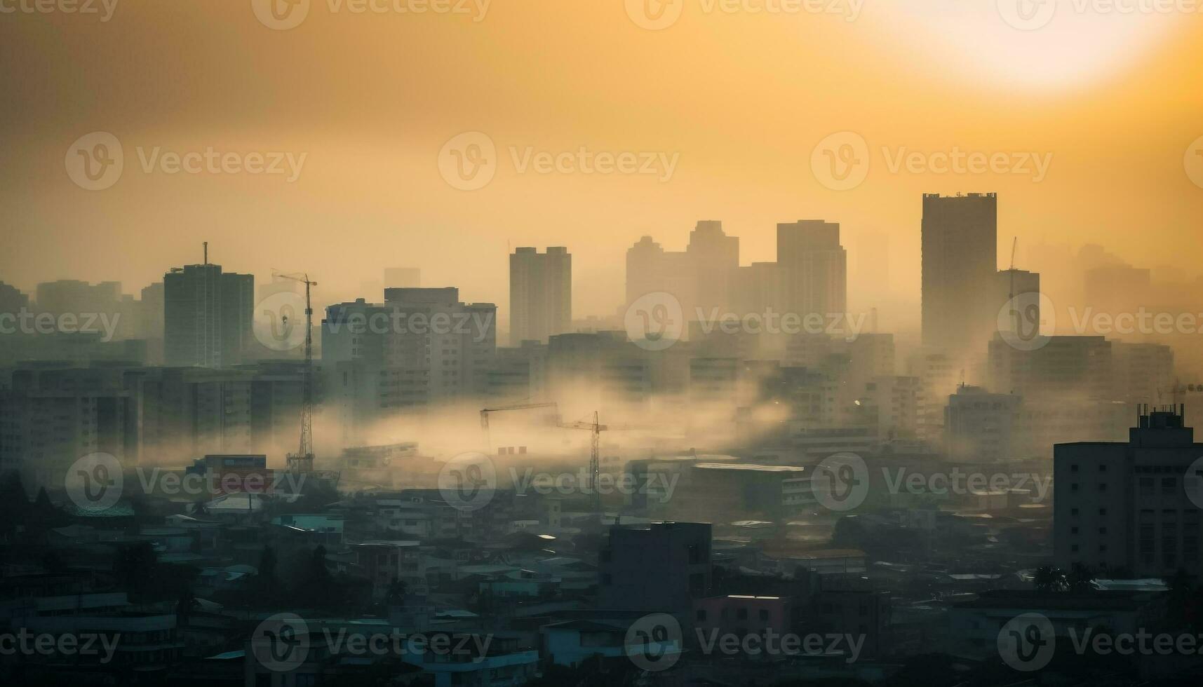 puesta de sol ilumina ciudad horizonte, contaminado con niebla tóxica y tráfico generado por ai foto