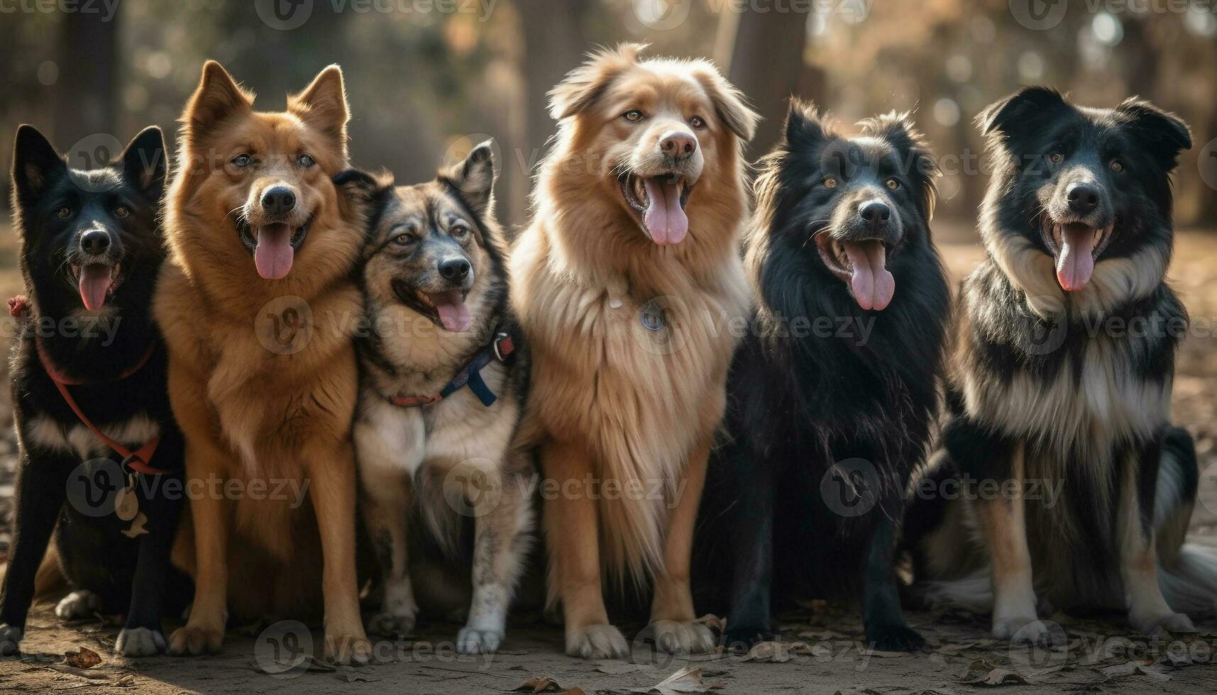 un juguetón grupo de de pura raza perros disfrutando el al aire libre juntos generado por ai foto