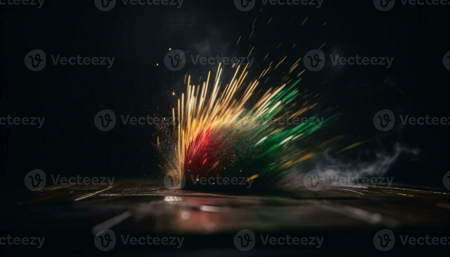Fuegos artificiales monitor explota con vibrante colores, esclarecedor oscuro noche cielo generado por ai foto
