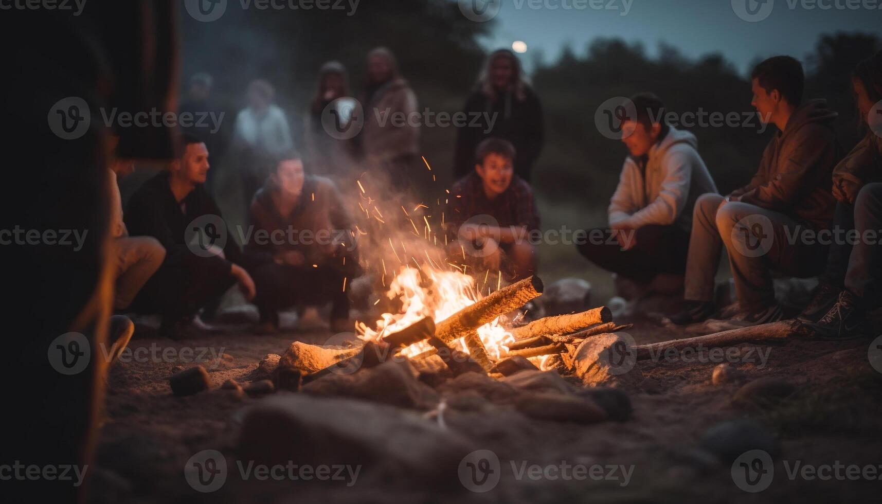 un grupo de amigos sentado por el hoguera, asado Malvaviscos generado por ai foto