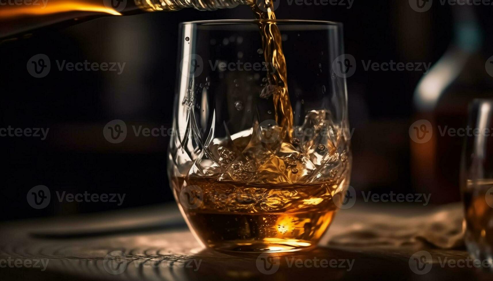 A luxurious bar counter with glasses of whiskey pouring out generated by AI photo