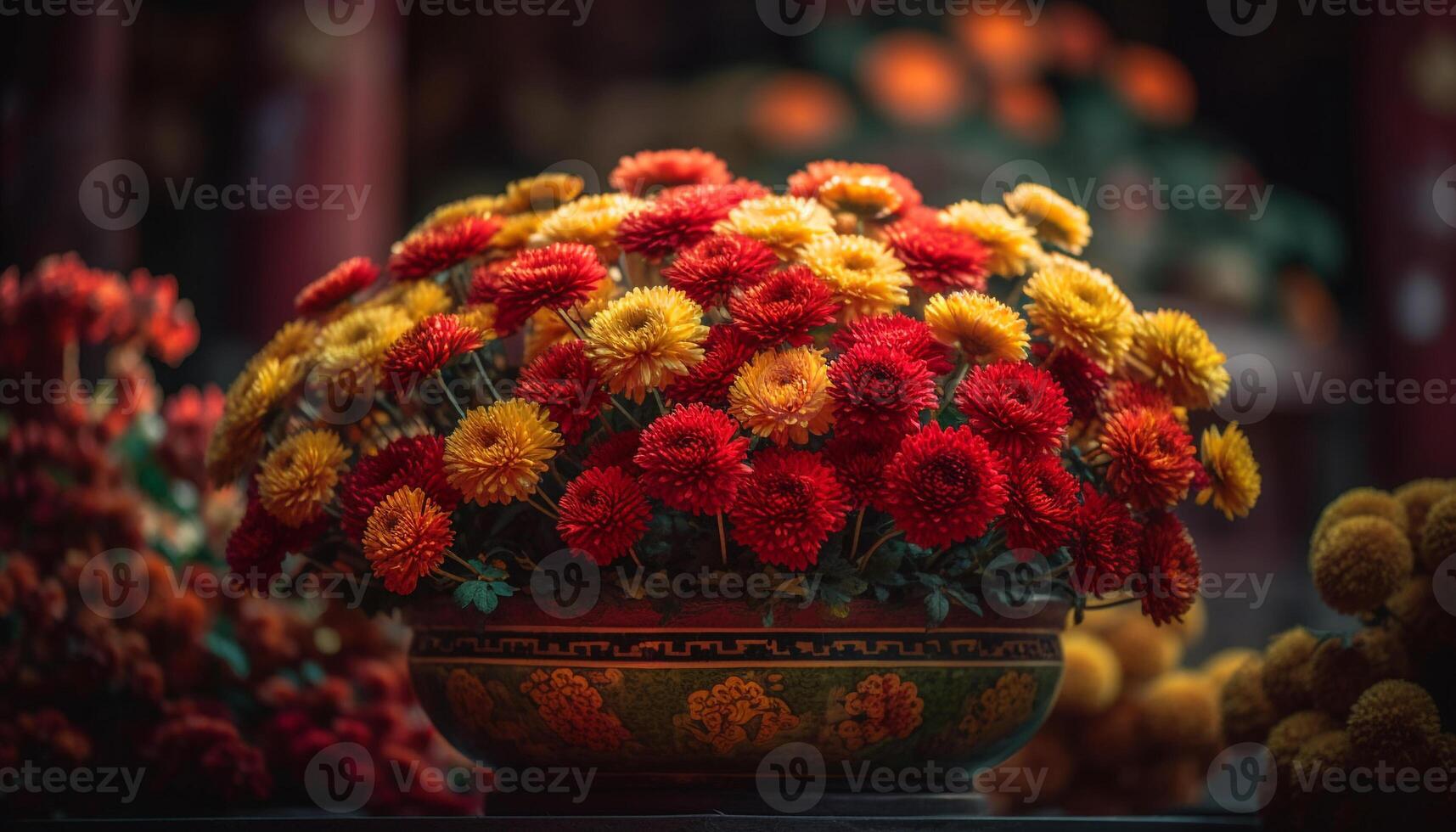 A vibrant chrysanthemum bouquet in an ornate pink vase photo