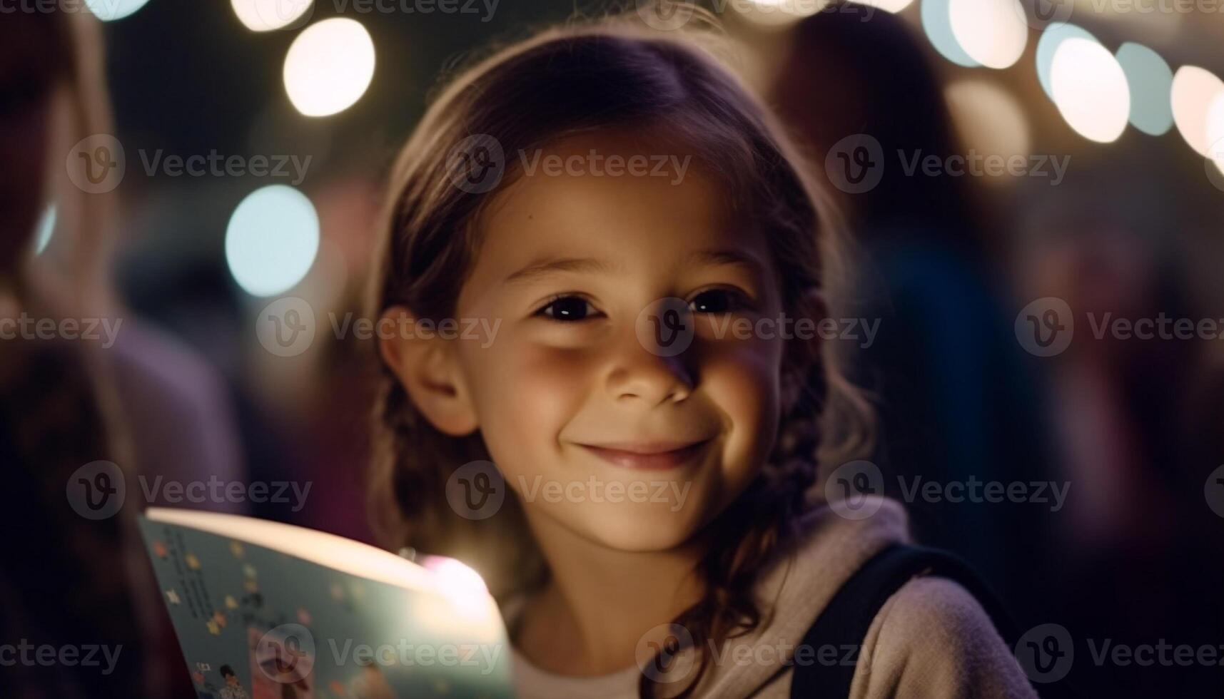 A cute girl smiling while reading a book by the Christmas tree generated by AI photo