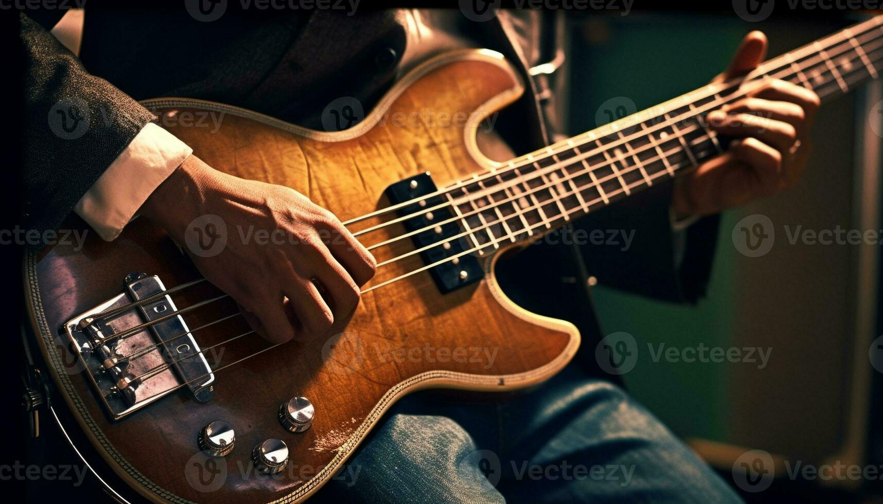 The guitarist skilled fingers pluck the strings of his guitar generated by AI photo