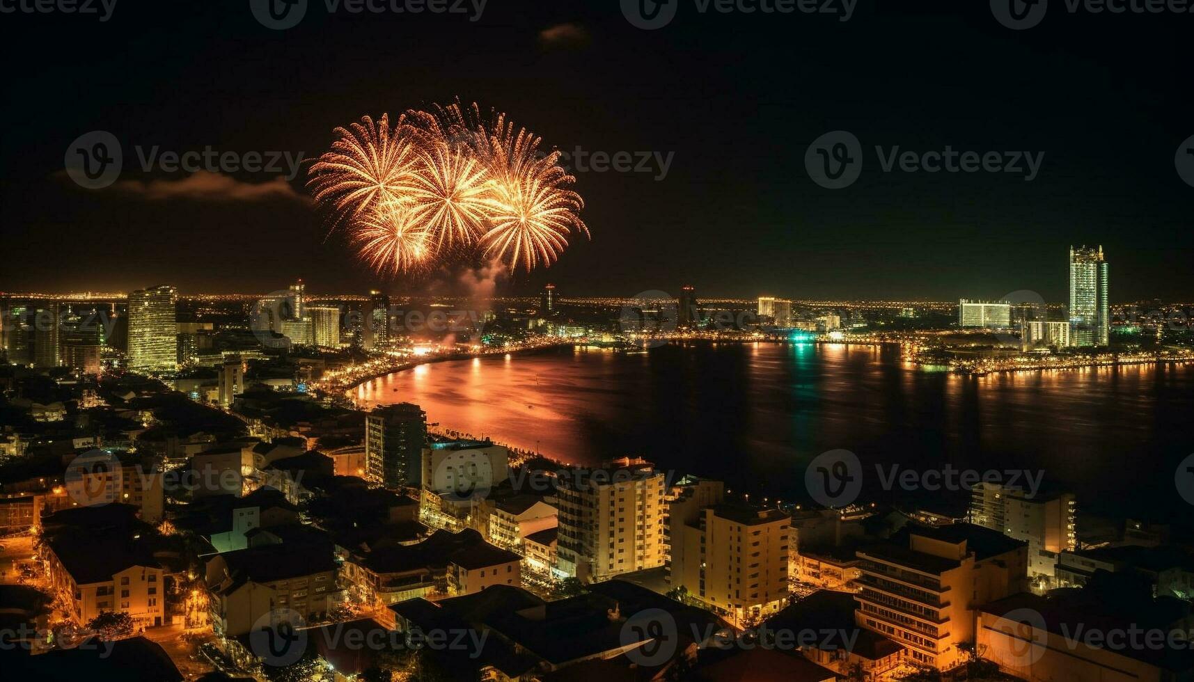 fuegos artificiales encender ciudad horizonte, esclarecedor famoso puntos de referencia en vibrante colores generado por ai foto