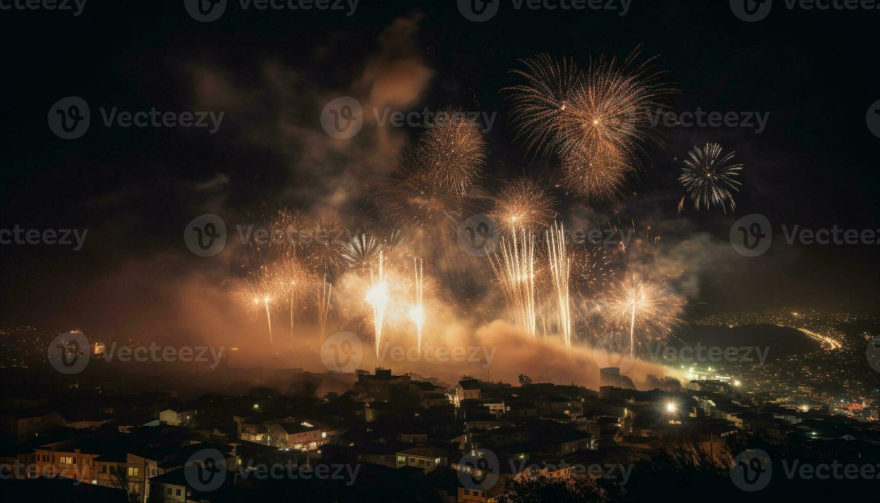 explosivo Fuegos artificiales monitor enciende ciudad horizonte en vibrante celebracion generado por ai foto