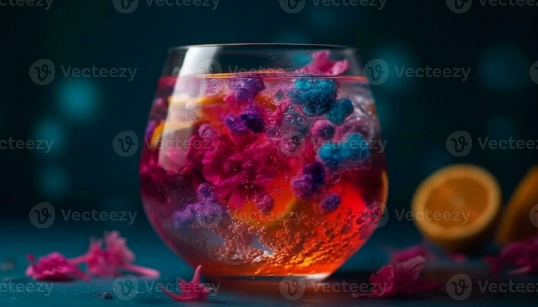 A refreshing cocktail with fruit slices on a wooden table generated by AI photo