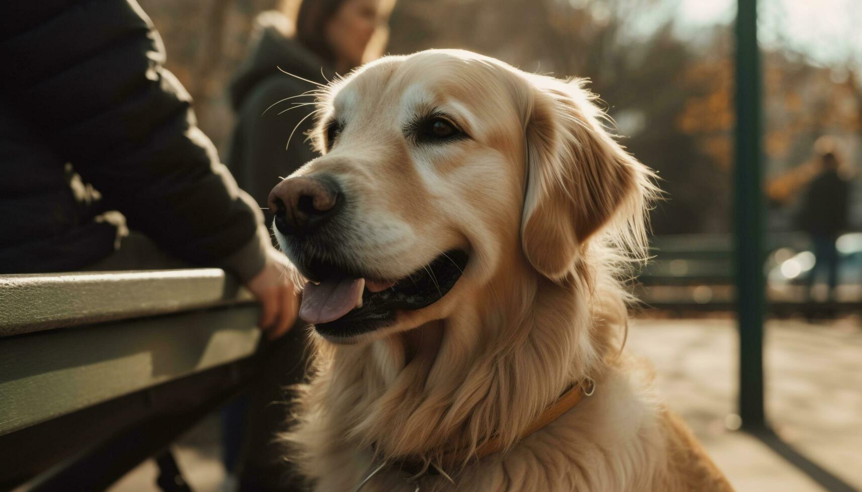 un alegre dorado perdiguero perrito sonriente en el otoño luz de sol generado por ai foto