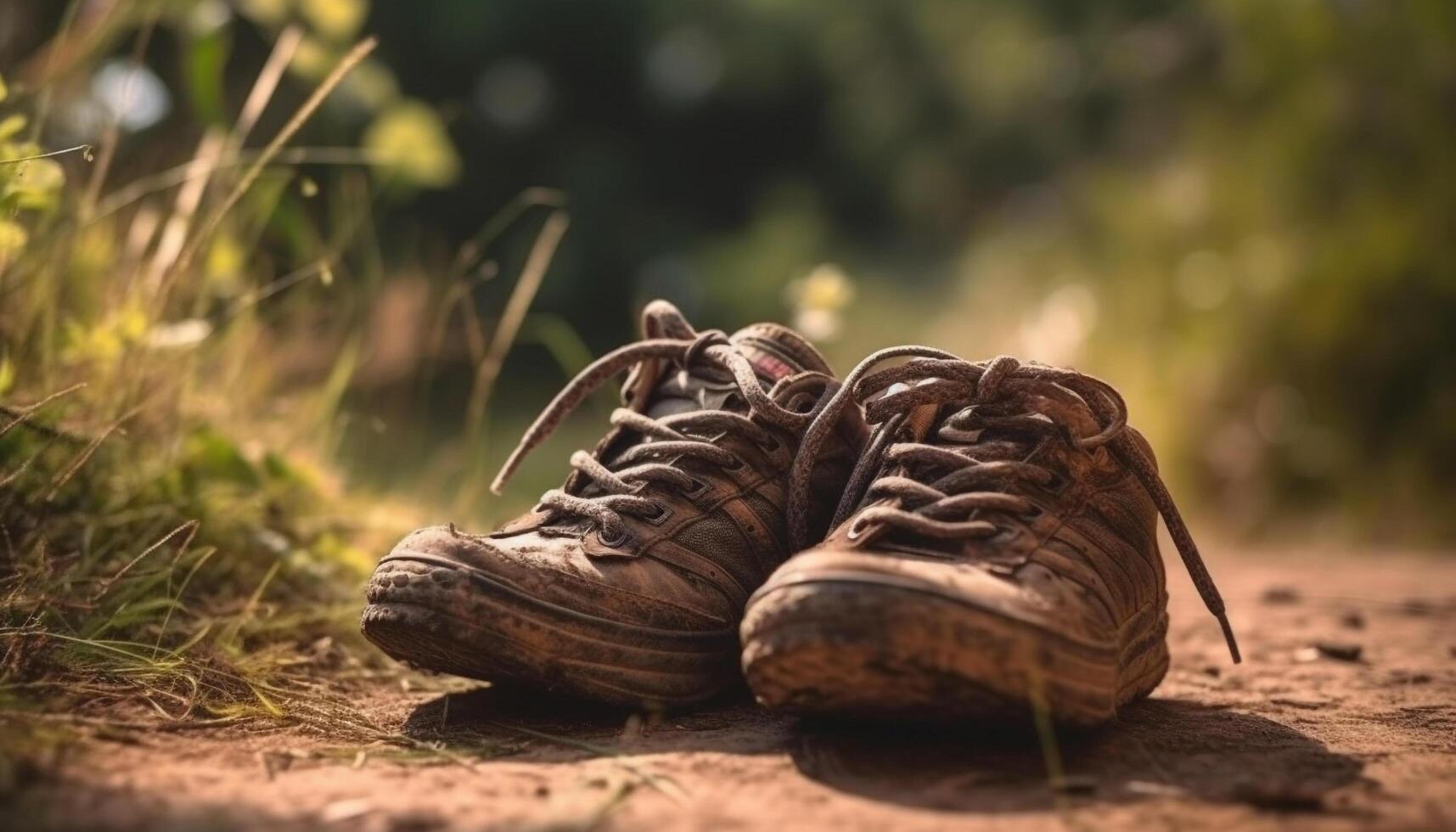 Old fashioned leather hiking boots trek through muddy autumn forest generative AI photo