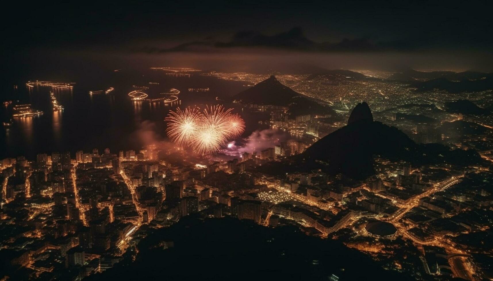 Fireworks exploding over illuminated city skyline, celebrating Fourth of July generated by AI photo