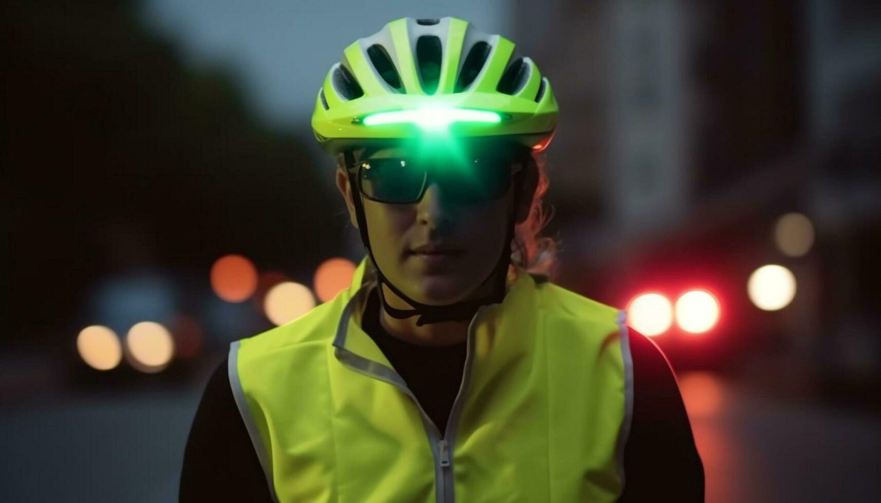 uno hombre montando un bicicleta a noche con Deportes casco generado por ai foto