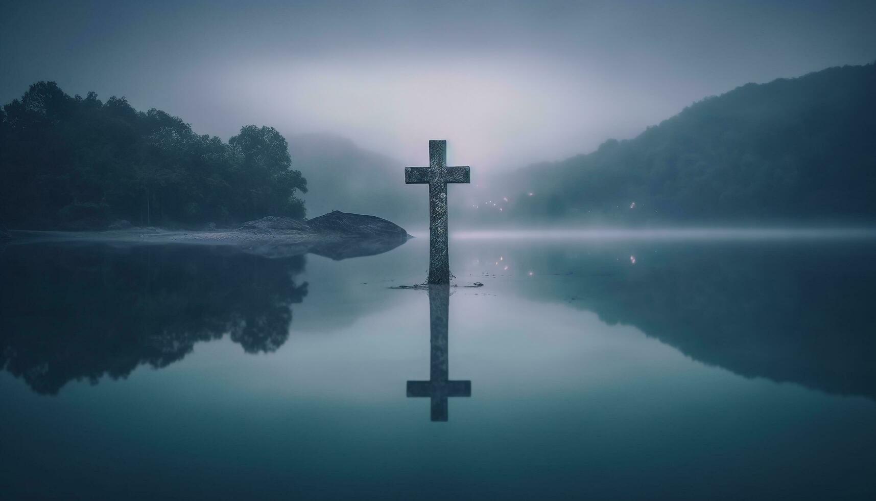 Silhouette of cross in foggy mountain range symbolizes Christianity mystery generated by AI photo
