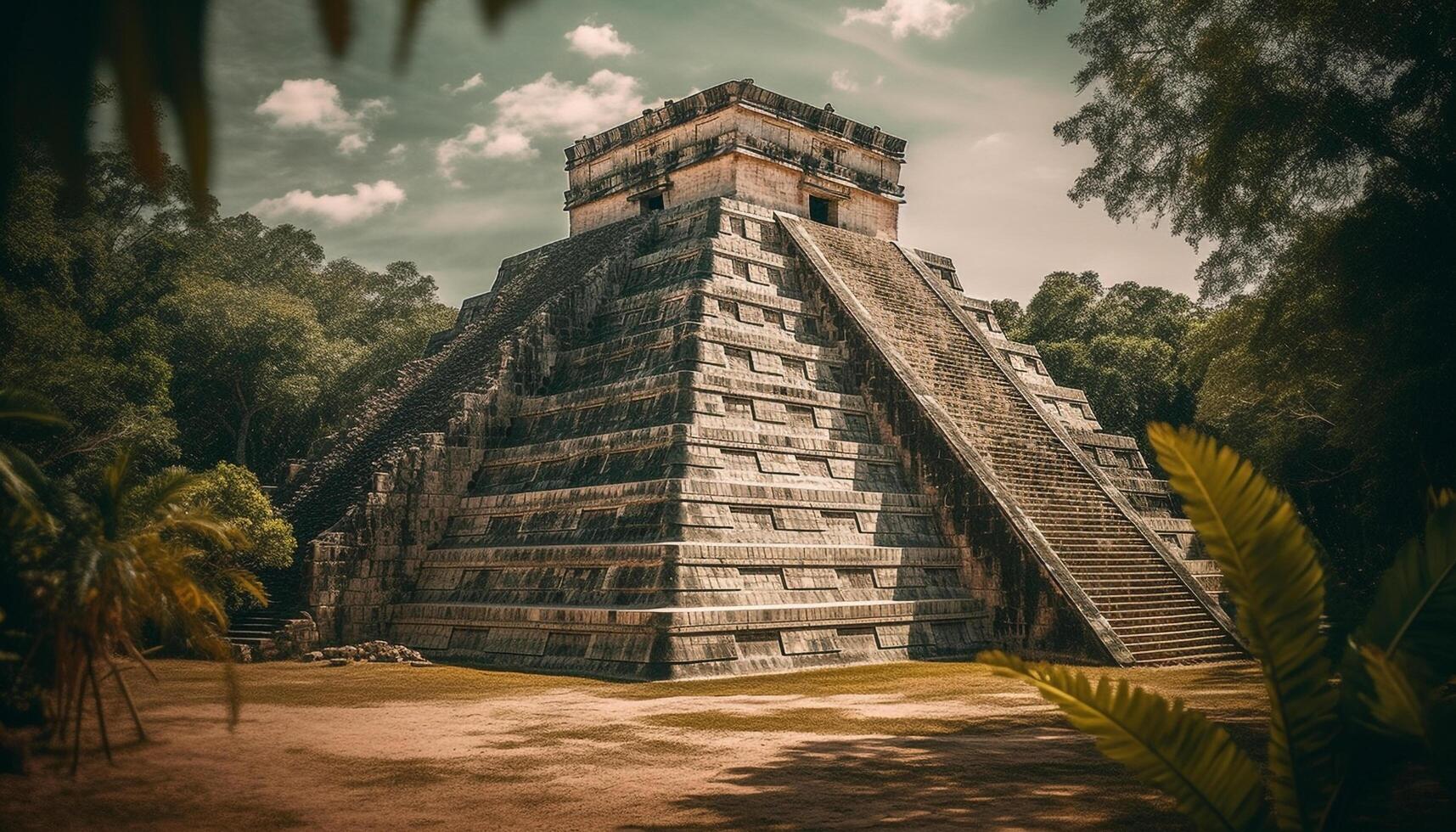 Ancient pyramid sculpture, ruined by time, stands in tropical rainforest generated by AI photo