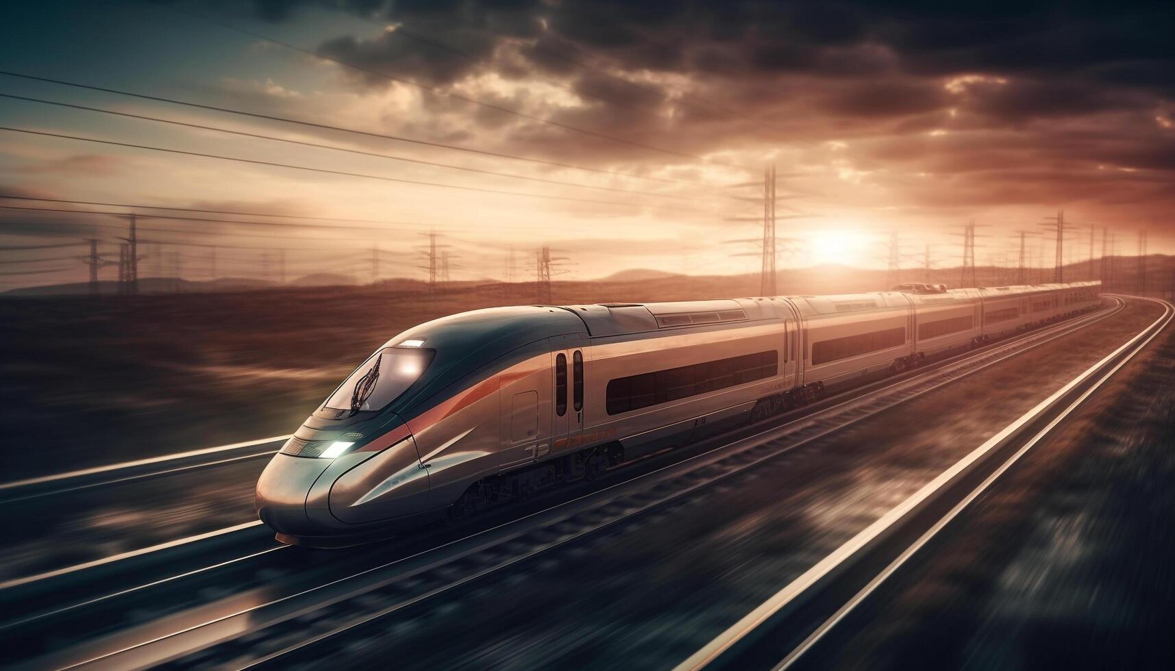 On the move, a modern train speeds towards the vanishing point generated by AI photo