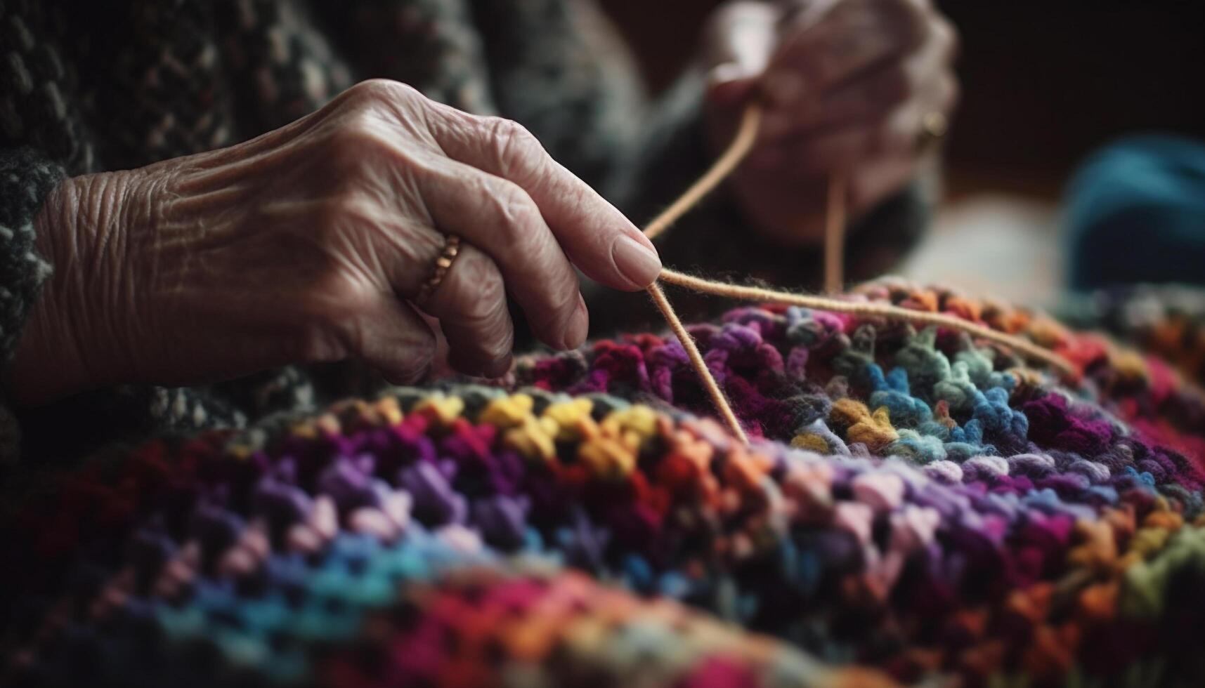One person, a tailor, skillfully weaves a multi colored pattern photo