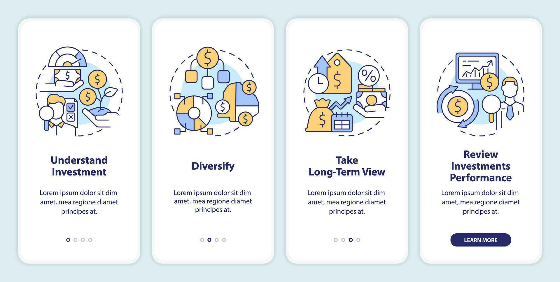 Investing rules onboarding mobile app screen. Trading walkthrough 4 steps editable graphic instructions with linear concepts. UI, UX, GUI templated vector